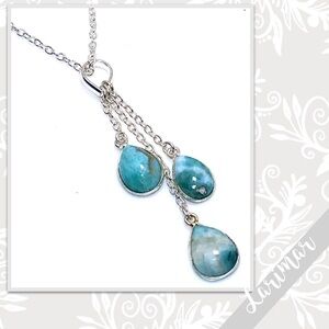 Larimar Eclectic Silver Artisan Lariat Tassel Necklace 19” Turquoise / Aqua Blue